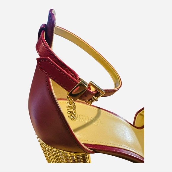 Michael Kors Maxine Platform Sandals Deep Red Leather Gold Block Heel Size 9M - Picture 7 of 12